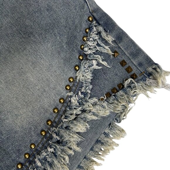 Women Studded Denim Shorts Size M High Elastic Waist Decorated Studs Frayed Hem - Picture 9 of 12